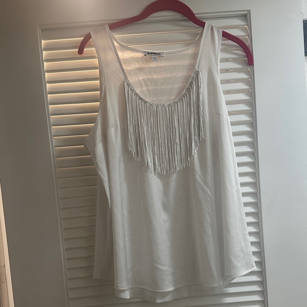 Express White  Satin Fringe Detail Tank Top